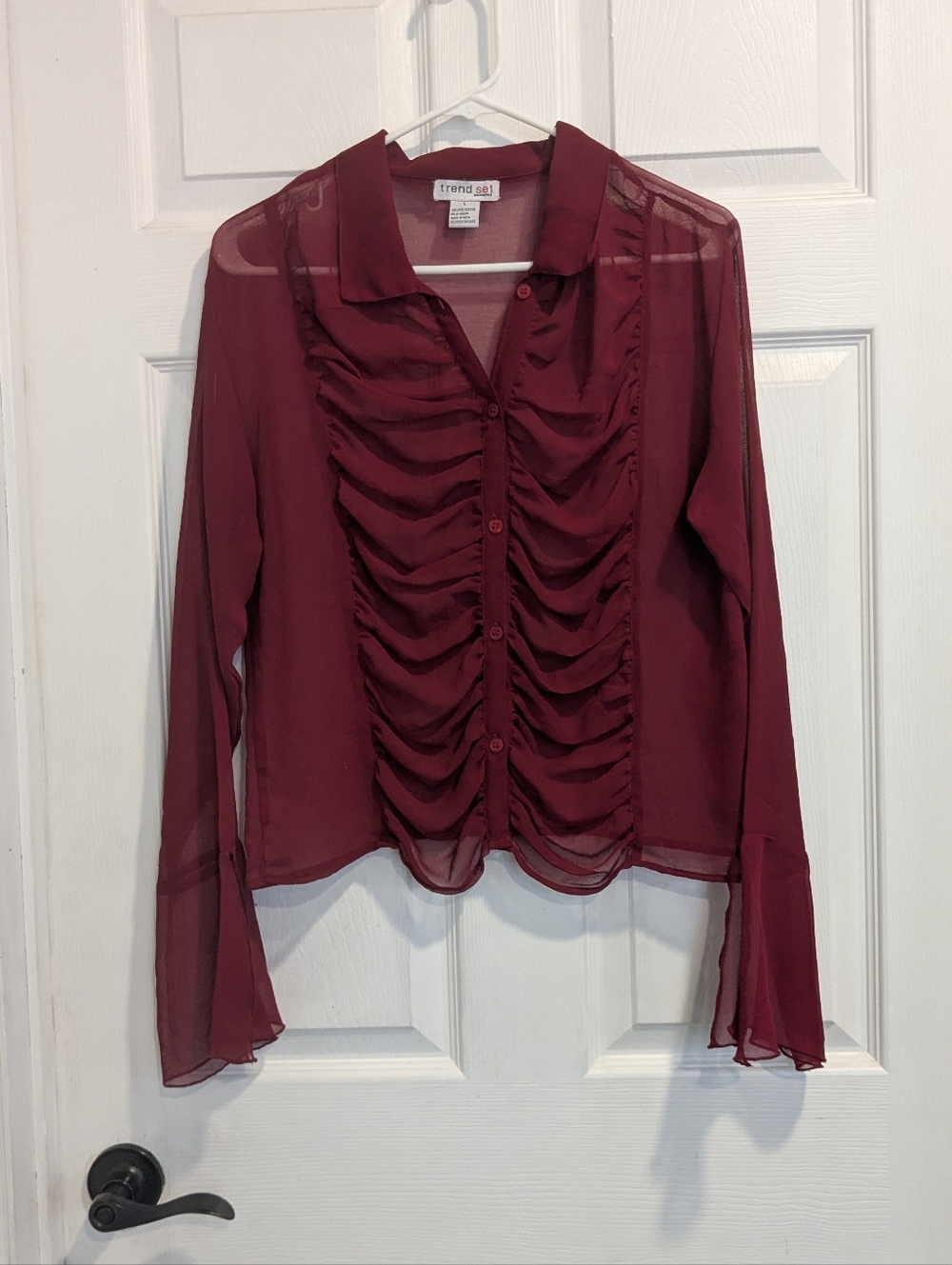 True Vintage 90s Trend Set Originals Burgundy Ruched Chiffon Blouse - Size L